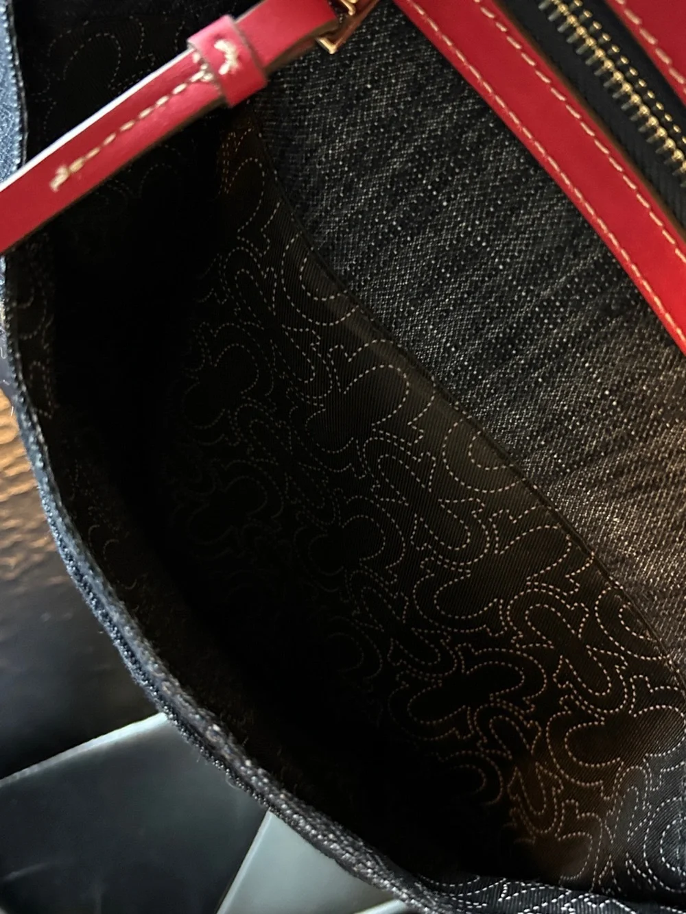 True Religion Dark Denim Backpack with Red Accents